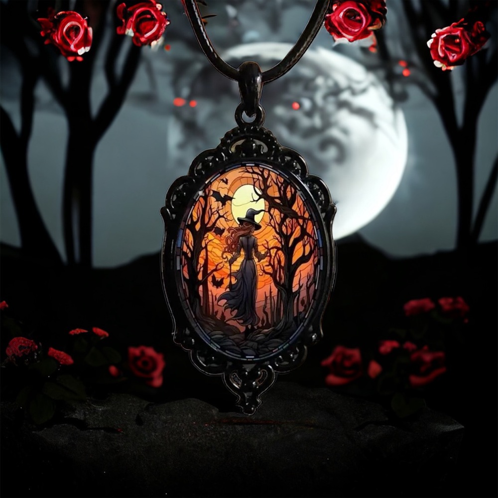 Retro Style Bat Witch Pendant Cameo Black Pendant  Necklace Gothic Glass Pendant